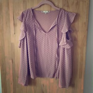 Peekaboo shoulder sheer pink blouse